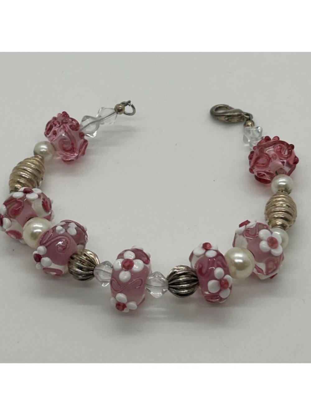 Floral Lampwork Bracelet Glass Bead Bracelet Pink White Pearl Crystal Artisan - Picture 2 of 10
